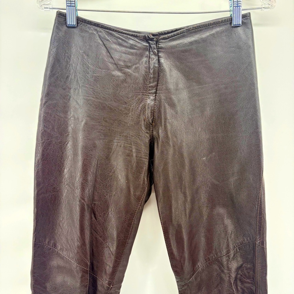 90s Whats The Scoop Italy Brown Leather Straight Leg Pants Womens 42 US6 Vintage